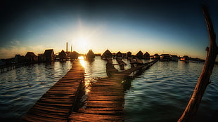 two wooden docks, nature, landscape, lake, sunset