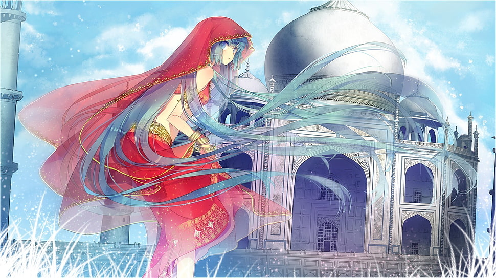 red-haired female character and mosque illustration, Hatsune Miku HD wallpaper