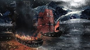 two black sailing ships painting, pirates, ship, snow, sea