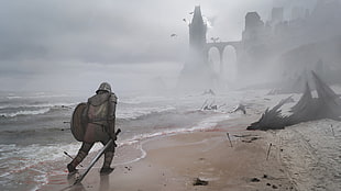video game screenshot, knight, dragon, waves, sea