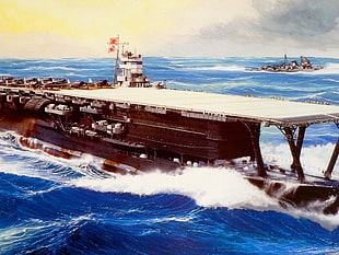 brown boat on body of water illustration, warship, aircraft carrier, vehicle, ship