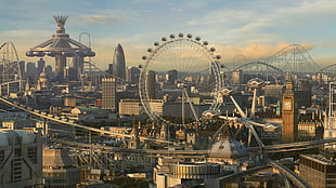 amusement park illustration, theme parks, London, ferris wheel, CGI