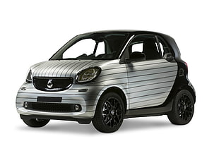 white and black striped smart car