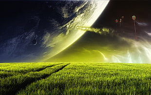 planet and grass field illustration, planet HD wallpaper