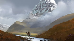 white horse, artwork, digital art, landscape, mountains