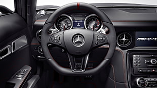 black Mercedes-Benz car, Mercedes SLS, car interior, cockpit, car