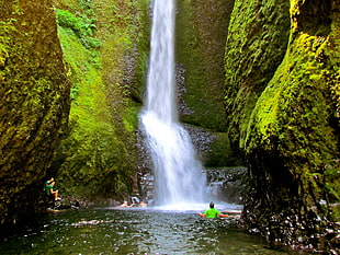 person wearing green shirt in front waterfalls HD wallpaper