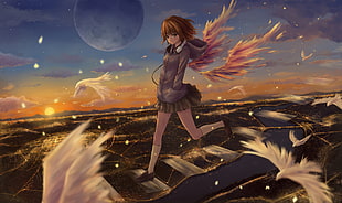 female anime character wit wings walking on sky