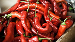 red hot peppers with box, food, chilli peppers HD wallpaper