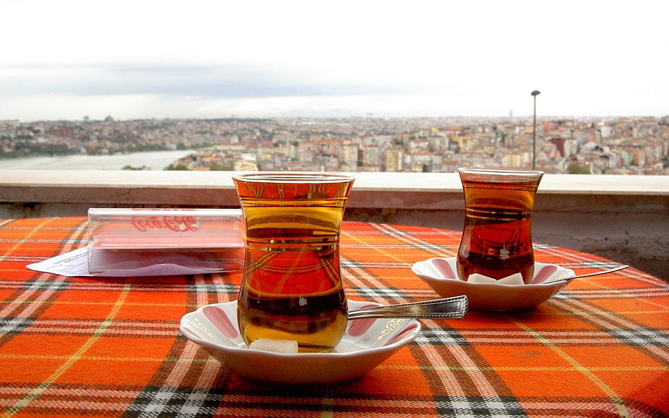 two clear glass Turkish teacups, tea, Turkey HD wallpaper