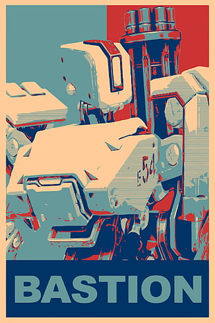 white, blue, and red abstract painting, propaganda, Bastion (Overwatch), Overwatch, Gamer
