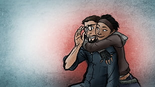 cartoon of a man with glasses hugged from the back by a short-haired girl