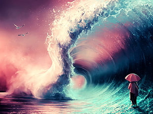 animated big surf wave wallpaper, drawing, sea, blue, pink HD wallpaper