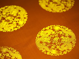beige and yellow dragon print textile
