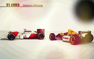 two white Canon and Marlboro F1's, vintage, old car, pop art, sports car