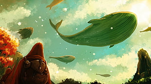 green whale illustration HD wallpaper