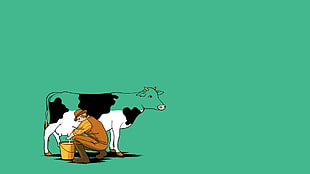man milking cow illustration HD wallpaper