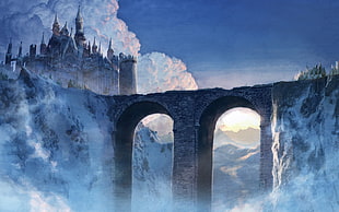 gray castle digital wallpaper, fantasy art, castle, bridge, artwork