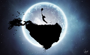 silhouette of a kid with a balloon flying under the moon