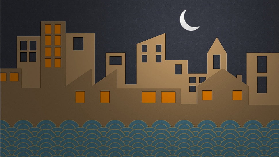 brown house illustration, city, Moon, abstract, minimalism HD wallpaper