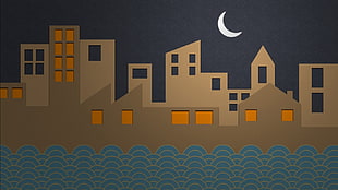 brown house illustration, city, Moon, abstract, minimalism
