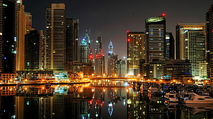 high rise buildings, cityscape, building, lights, reflection