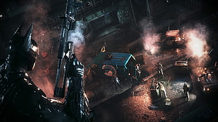 person with black armor holding rifle digital wallpaper, Batman, Batman: Arkham Knight, Gotham City, video games HD wallpaper