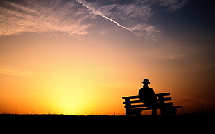 silhouette photography of man on bench, bench, sky, sunlight