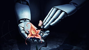 pink flower and butterfly on robot