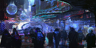 people walking at the street painting, cyber, cyberpunk, science fiction, fantasy art