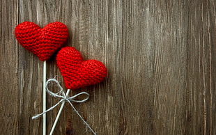 two red crochet heart decors, heart, wood, crochet, Valentine's Day