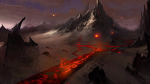volcano with lava painting, lava, mountains, fantasy art, dark fantasy HD wallpaper