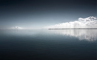 calm body of water under white clouds, water, sea, clouds, sky