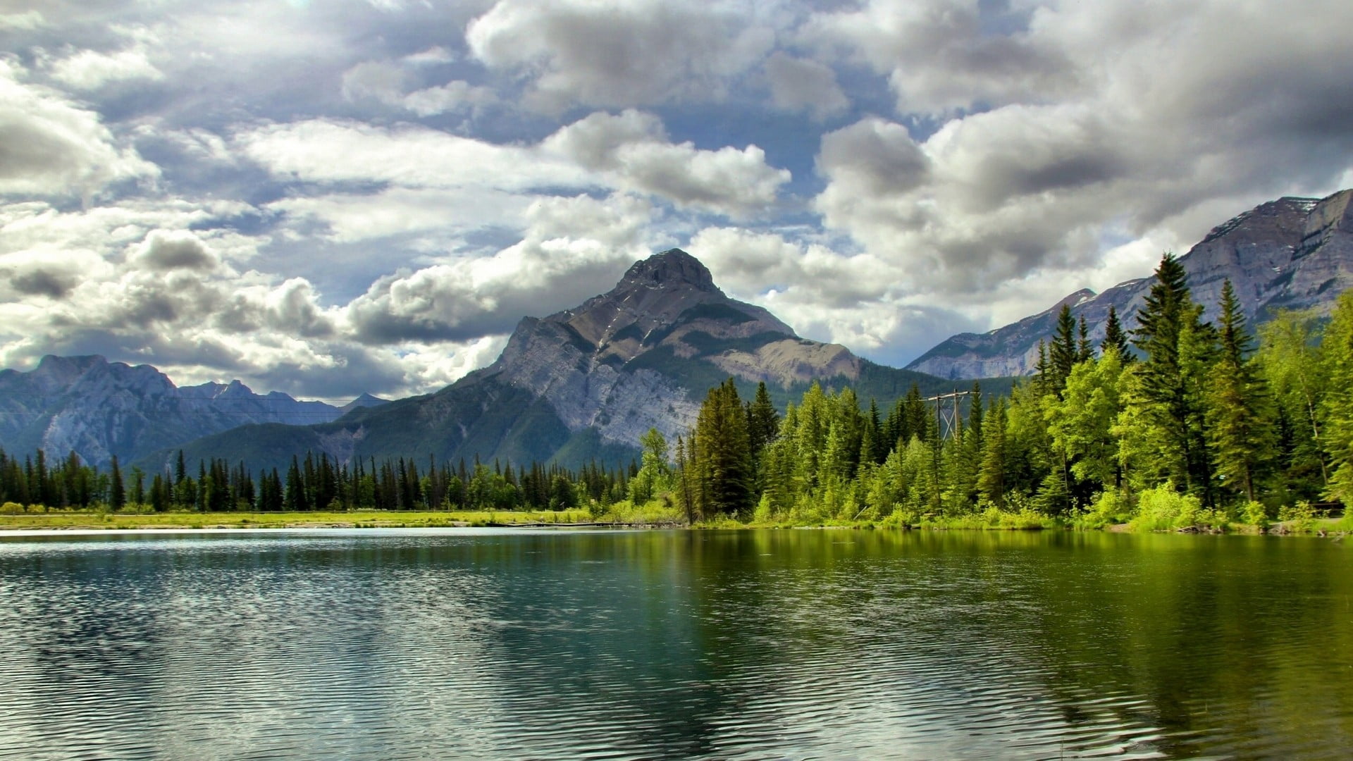 lake with forest and mountain wallpaper, nature, mountains, lake