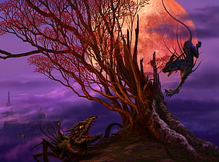 4-legged animal on red tree with full moon wallpaper