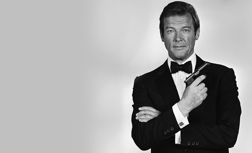 men's black suit jacket, James Bond, Roger Moore, monochrome, movies HD wallpaper