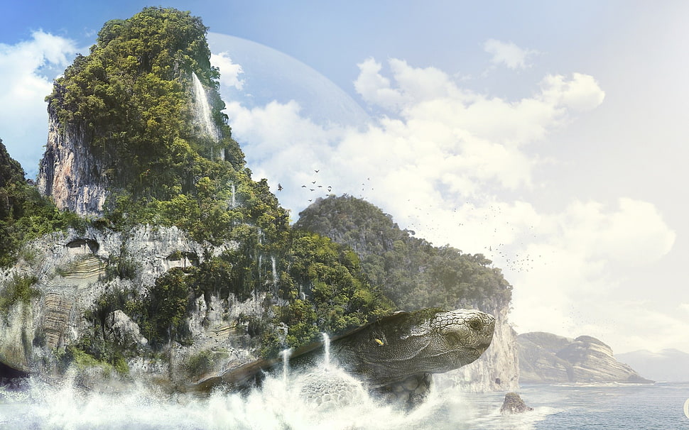 turtle island with mountain and trees digital wallpaper, digital art, artwork, turtle, fantasy art HD wallpaper