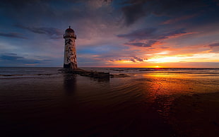 white and black lighthouse, lighthouse, nature, sunset, photography