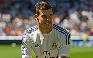 men's white and black Adidas soccer jersey, Gareth Bale, Real Madrid, men