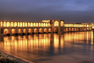 brown concrete bridge, Khaju Bridge, night, Iran, lights