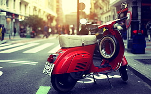 red motor scooter on black asphalt road, motorcycle