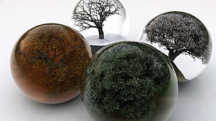 two round black and brown ceramic plates, digital art, sphere, nature, trees
