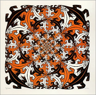 orange, white, and black abstract painting, artwork, drawing, M. C. Escher, symmetry HD wallpaper