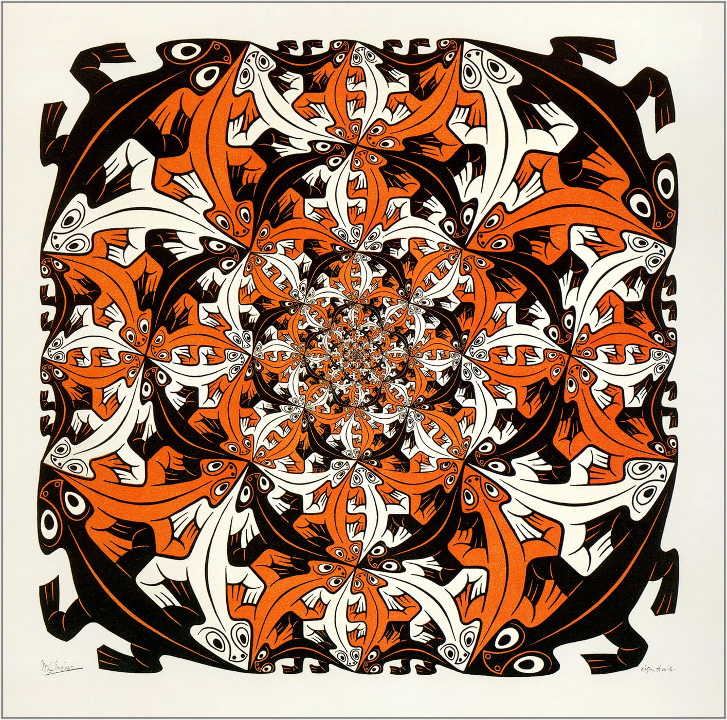orange, white, and black abstract painting, artwork, drawing, M. C. Escher, symmetry