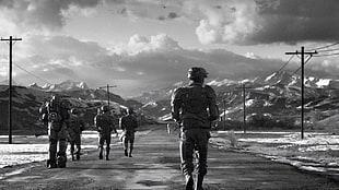 grayscale photography of soldiers walking on road, Fallout 4, monochrome, Fallout