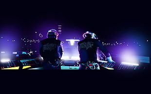 two DJ mixers at the stage performing HD wallpaper