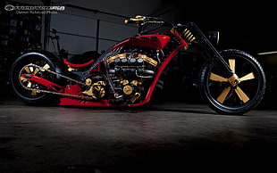 red and black cruiser motorcycle, chopper, red, vehicle, motorcycle