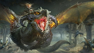 gray dragon illustration, digital art, fantasy art, dragon, wings