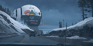 digital wallpaper, road, snow, Simon Stålenhag
