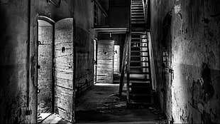 black and gray metal tool cabinet, monochrome, building, architecture, abandoned HD wallpaper